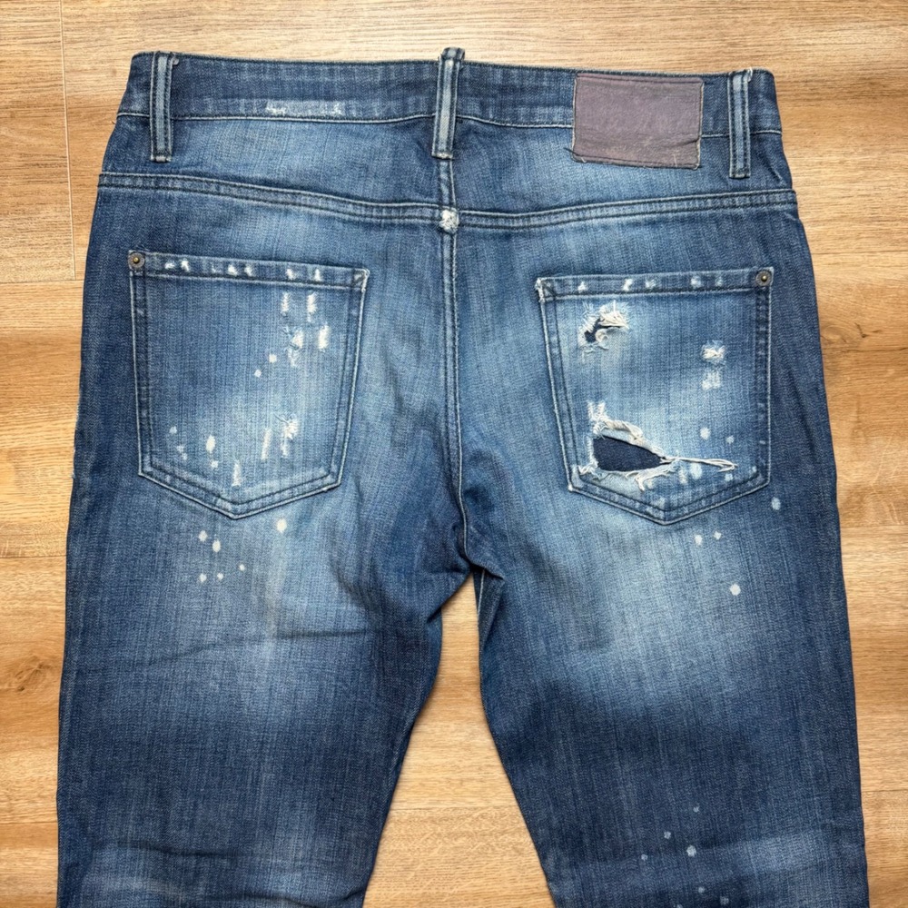 Dsquared2 Slim Jeans Mens 32 Blue Distressed Paint Splatter Patchwork Made Italy - Picture 4 of 16